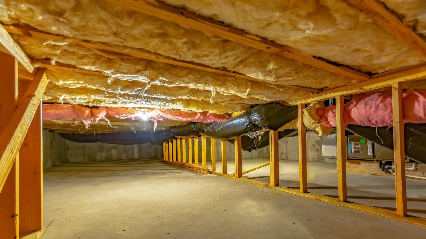 Crawl space encapsulation with insulation and moisture protection installed.