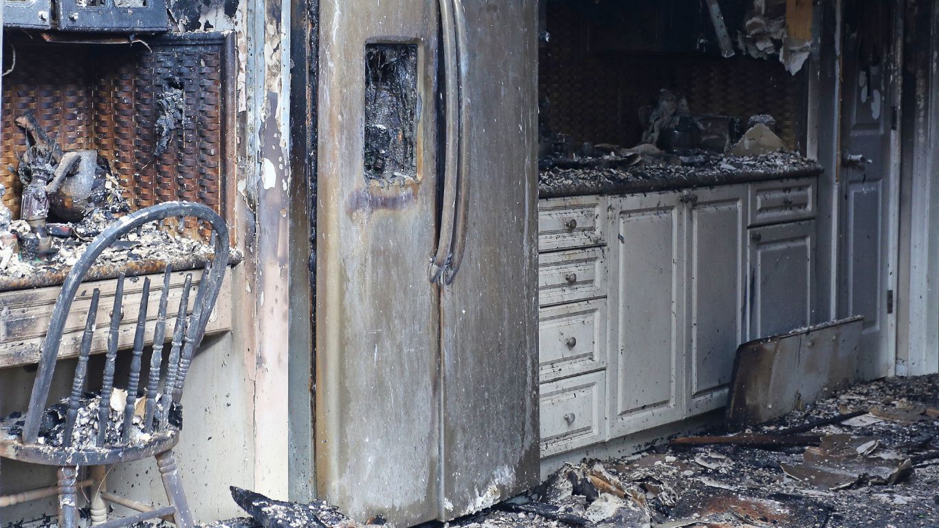 Burned kitchen interior during fire damage restoration in Chattanooga after house fire.